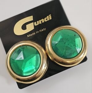 Vintage Gundi Made in Italy Large Round Green and Gold Clip on Earrings